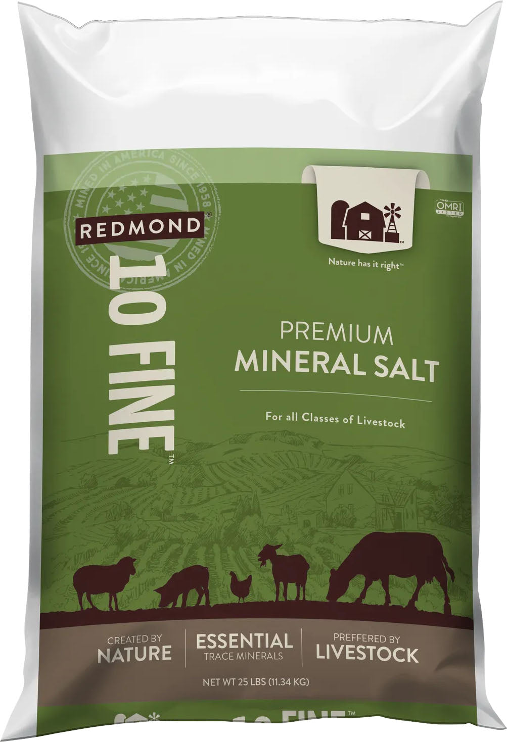 Redmond 10 Fine Premium Mineral Salt bag for all classes of livestock, green pack.