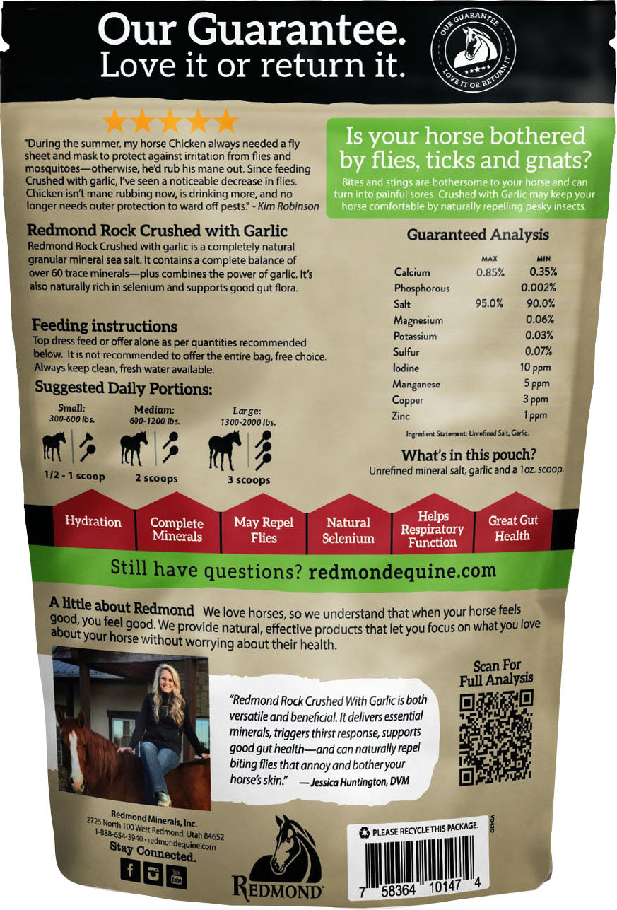 Back of the Redmond Rock Crushed with Garlic pouch with feeding directions and guaranteed analysis.