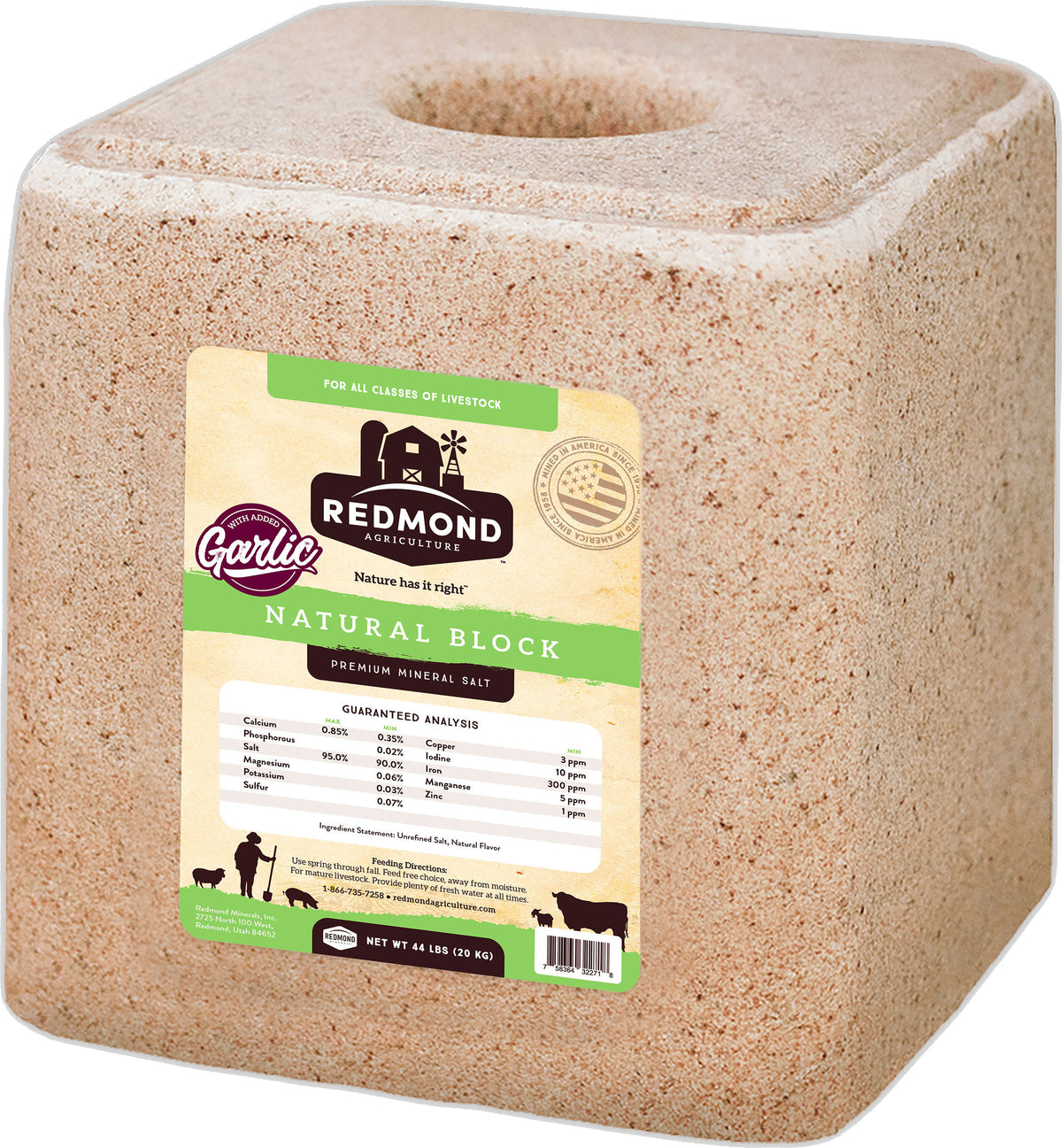 Redmond Natural Block with Garlic premium mineral salt block, tan block with a center hole.
