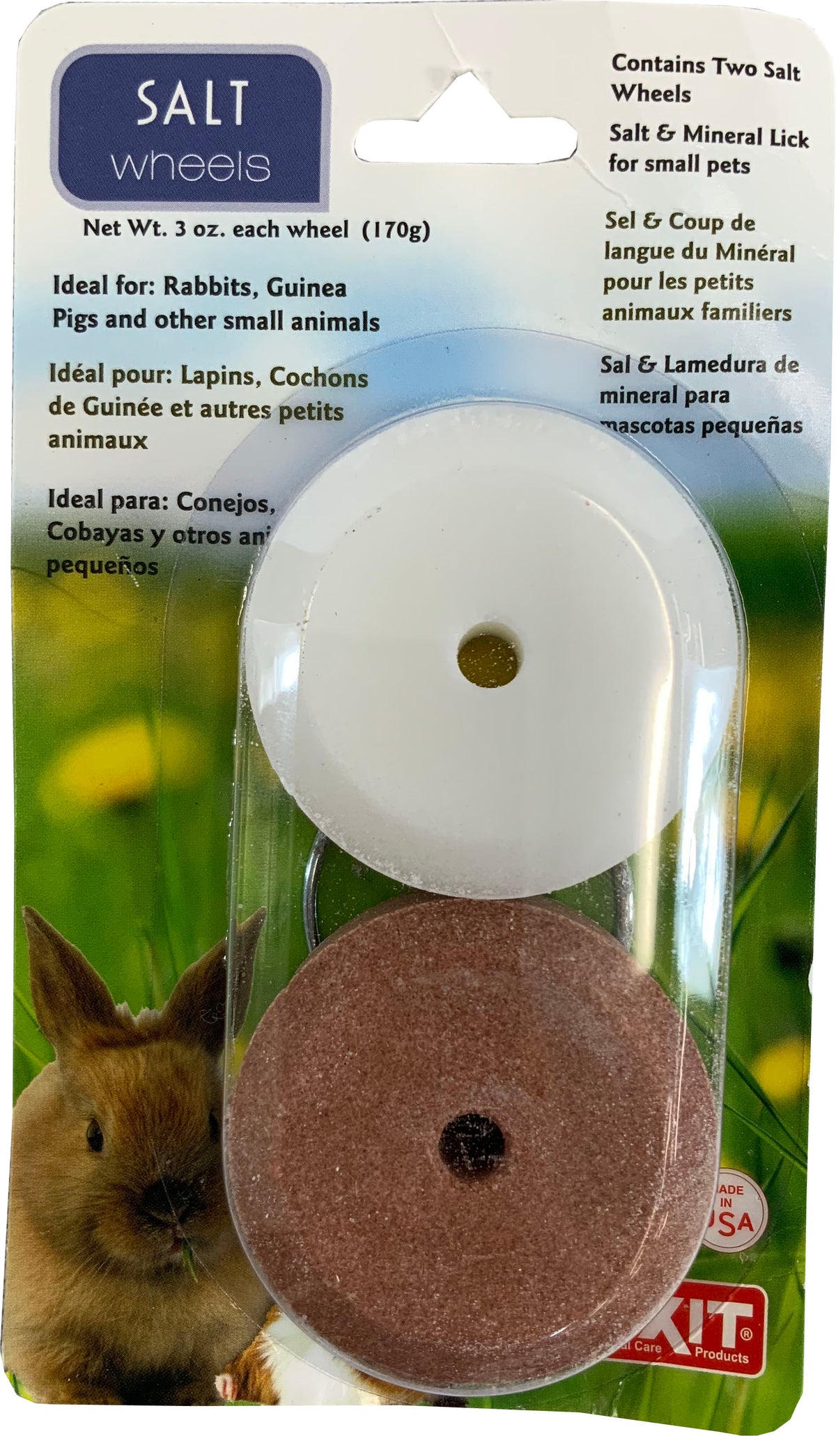 Lixit Salt Wheels card with one white and one brown 3 oz salt wheel, made in USA.
