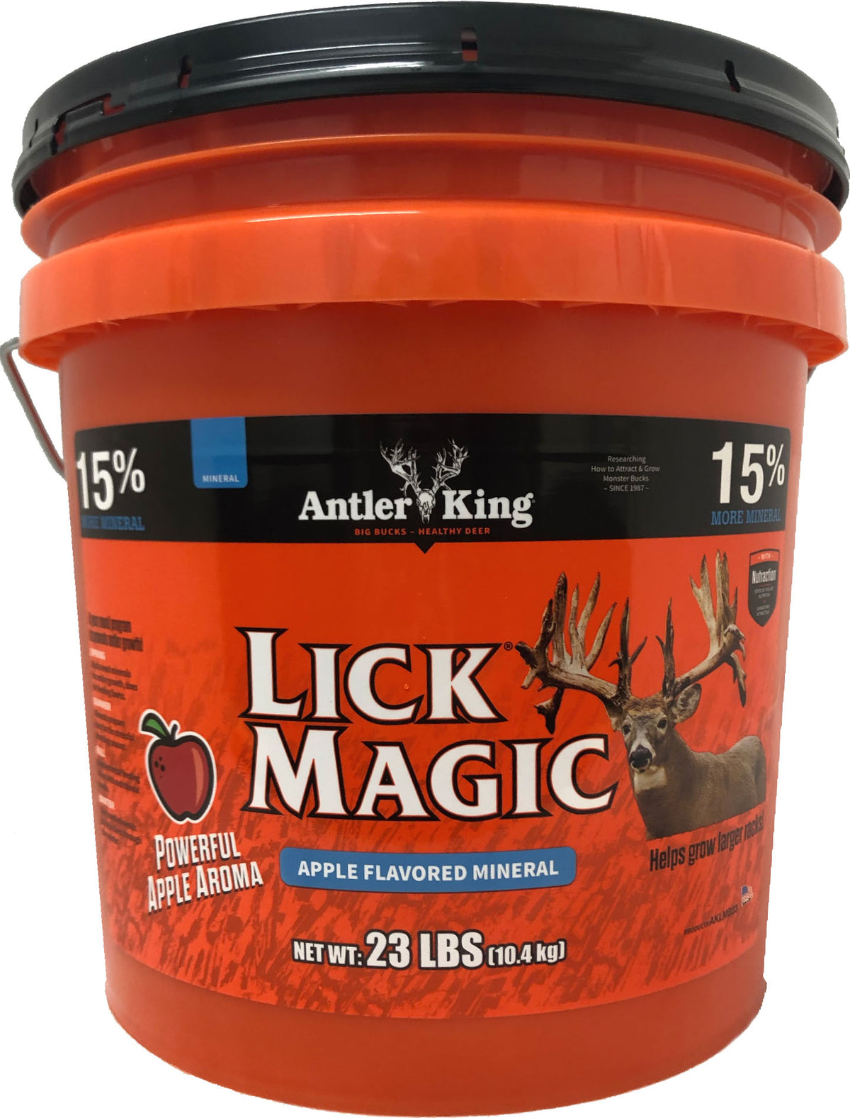 Antler King Lick Magic apple flavored mineral 23 lb orange bucket with a whitetail buck, printed powerful apple aroma.