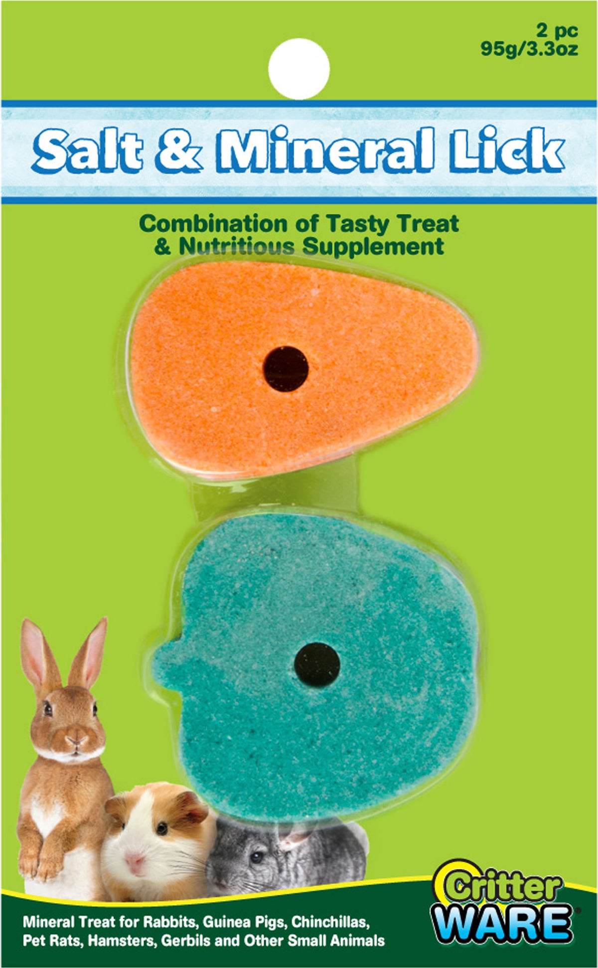 Critter Ware Salt and Mineral Lick card with an orange carrot-shaped and a green apple-shaped lick.