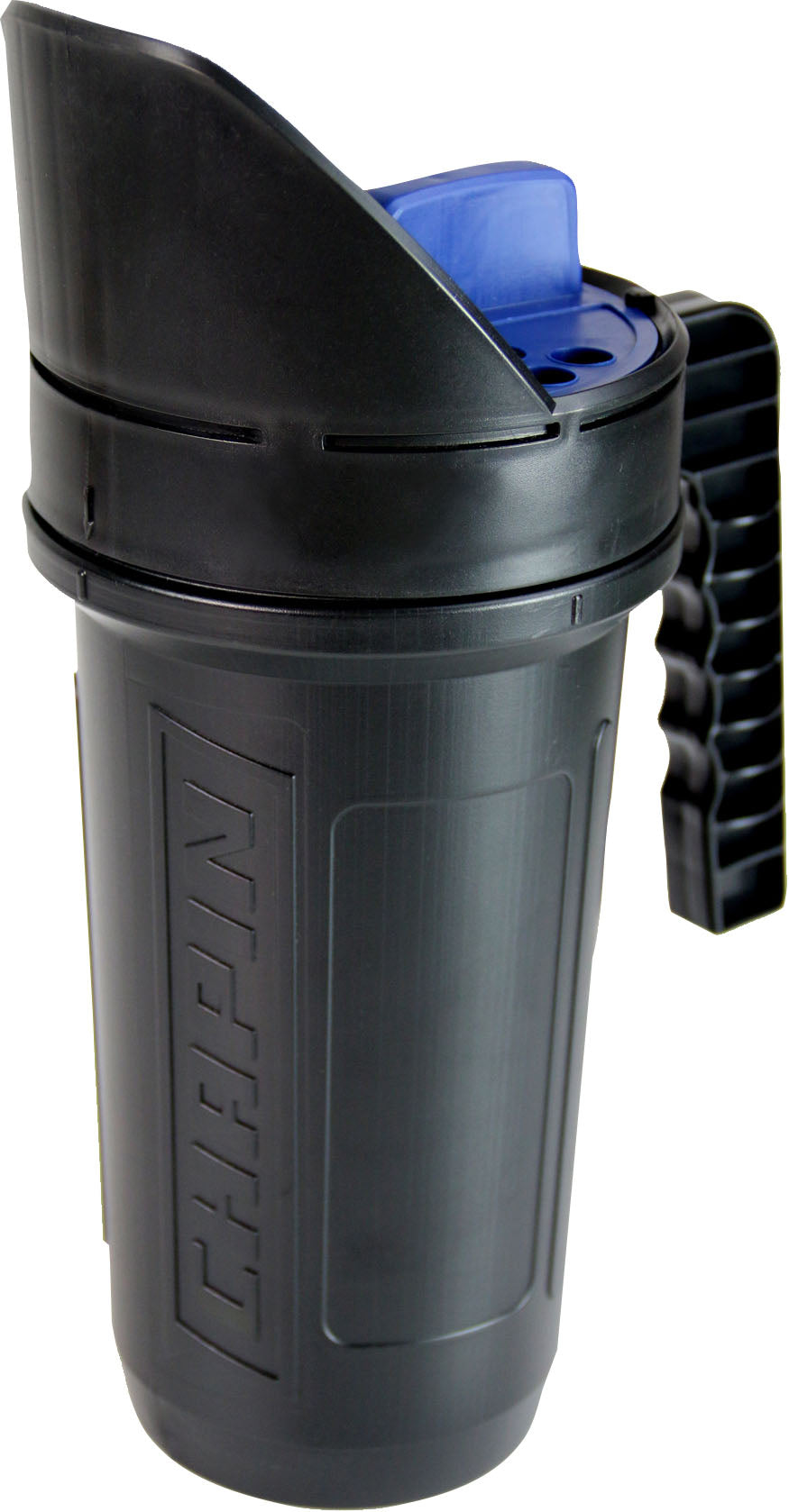 Chapin SaltPro 64 oz handheld shaker spreader, black poly bottle with a blue twist lid and a grip handle.