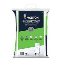 Morton Clean and Protect Plus Rust Defense water softener pellets 40 lb bag, green and navy pack with a plastic handle.