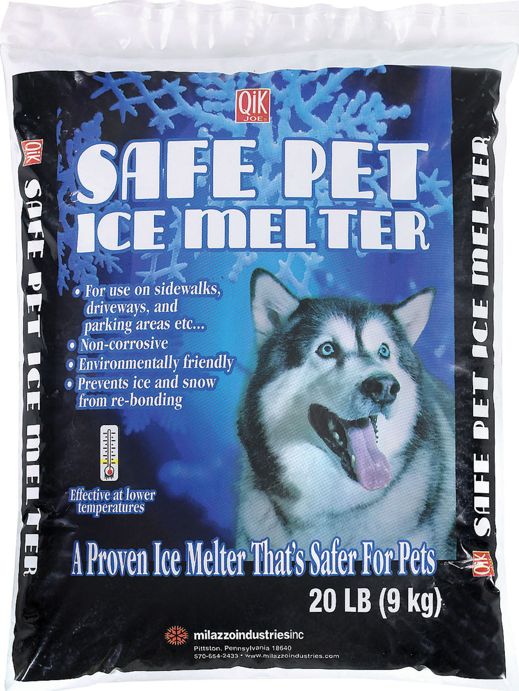 Qik Joe Safe Pet ice melter 20 lb bag with a husky, prevents ice and snow from re-bonding.
