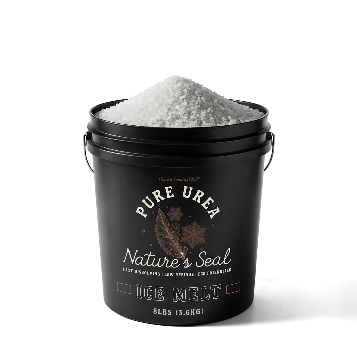 Nature's Seal Pure Urea Ice Melt 8 lb black bucket heaped with white pellets.