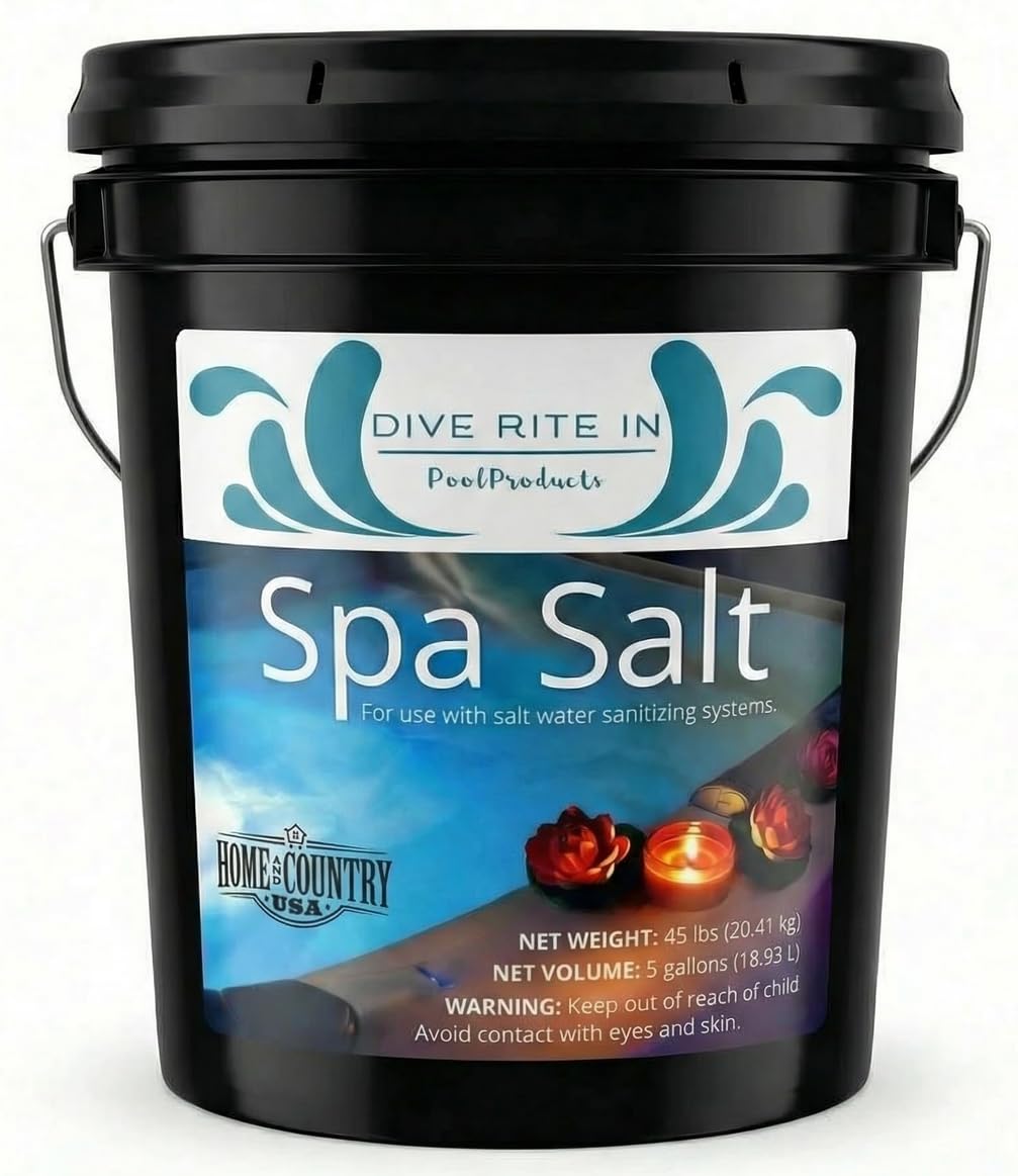 Dive Rite In Spa Salt 45 lb black pail, about 5 gallons, Home and Country USA.