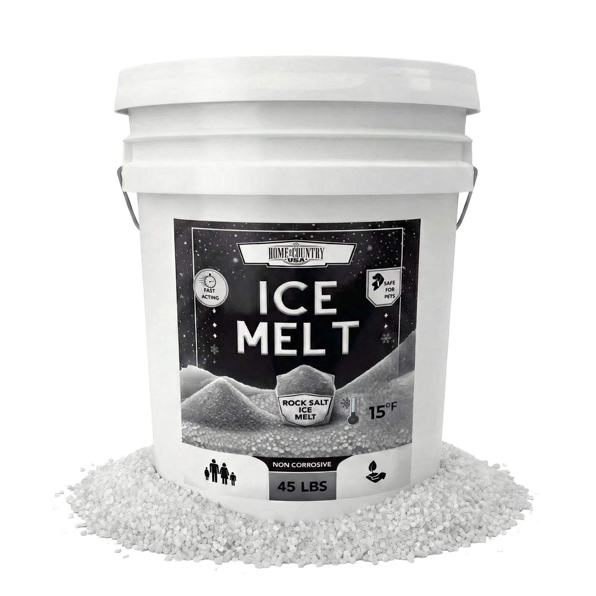 Home and Country USA Rock Salt Ice Melt 45 lb pail, printed 15°F.