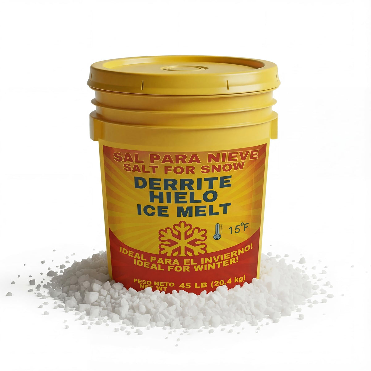 Sal para Nieve Salt for Snow 45 lb yellow pail.