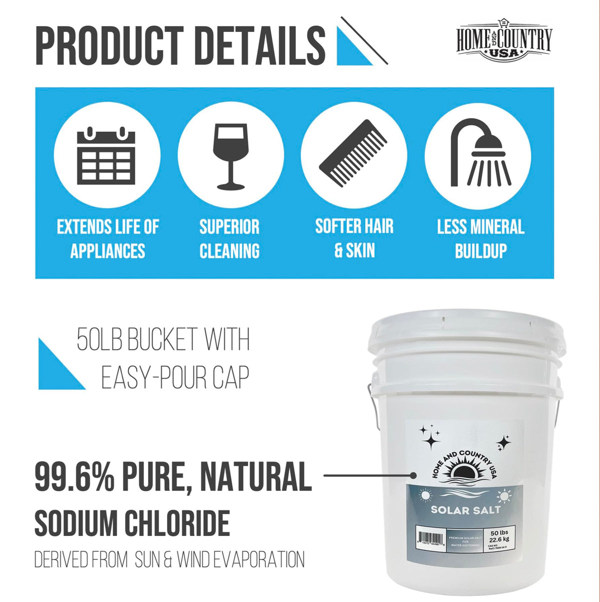 Product details graphic: 50 lb bucket with easy-pour cap, 99.6% pure natural sodium chloride.