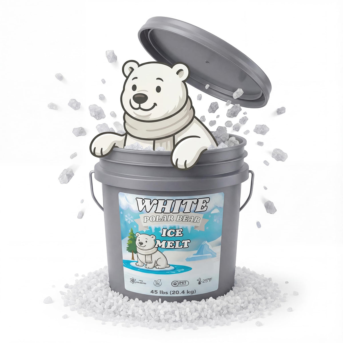 White Polar Bear CMA Pet-Friendly Ice Melt 8 to 45 lb pails, white granules rated to -20°F, view 5
