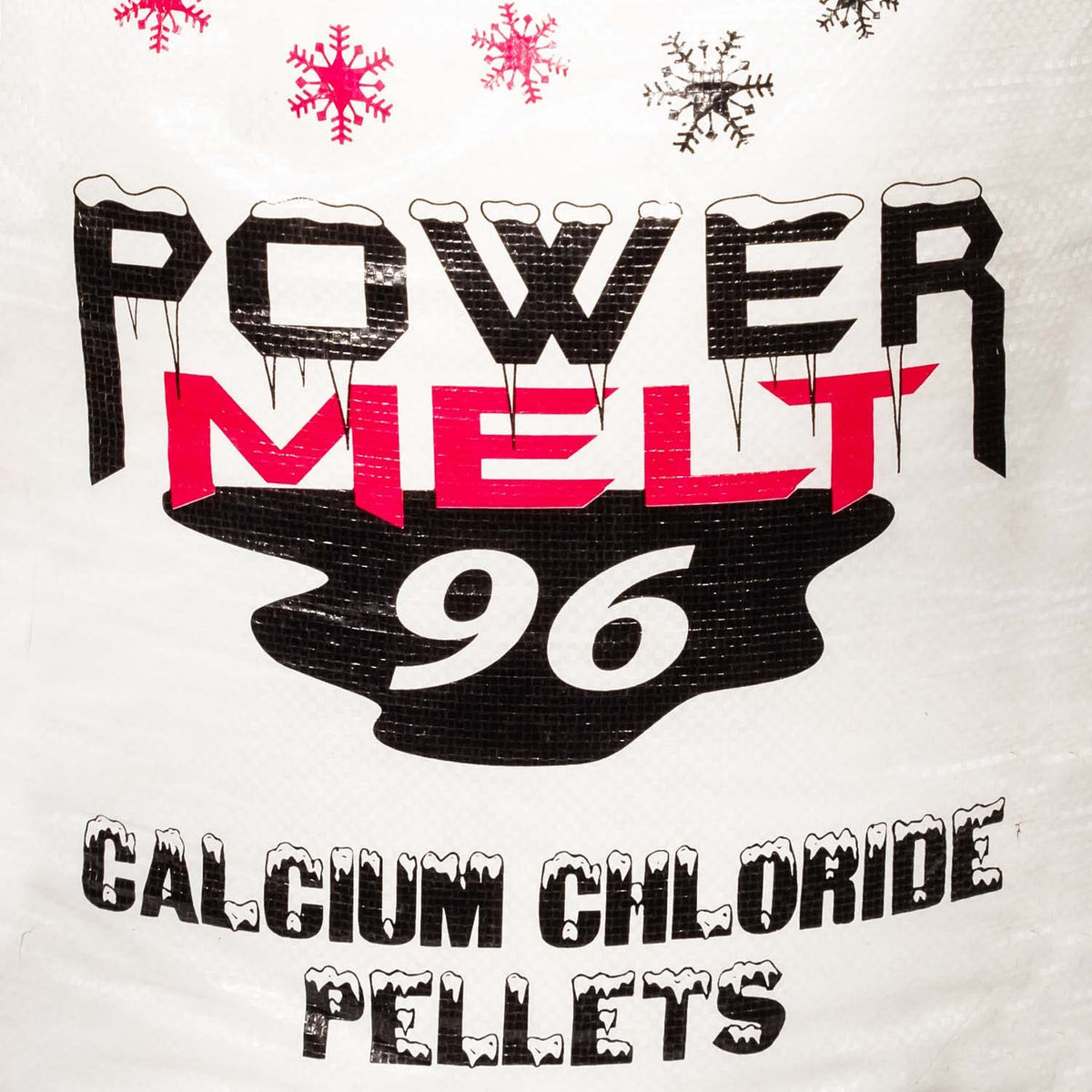 Close-up of the Power Melt 96 Calcium Chloride Pellets bag front.