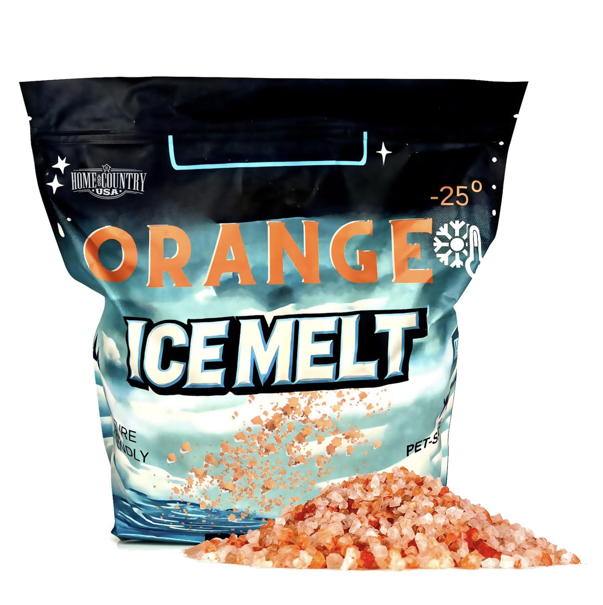 Home and Country USA Orange Ice Melt 8 lb bag with orange granules.