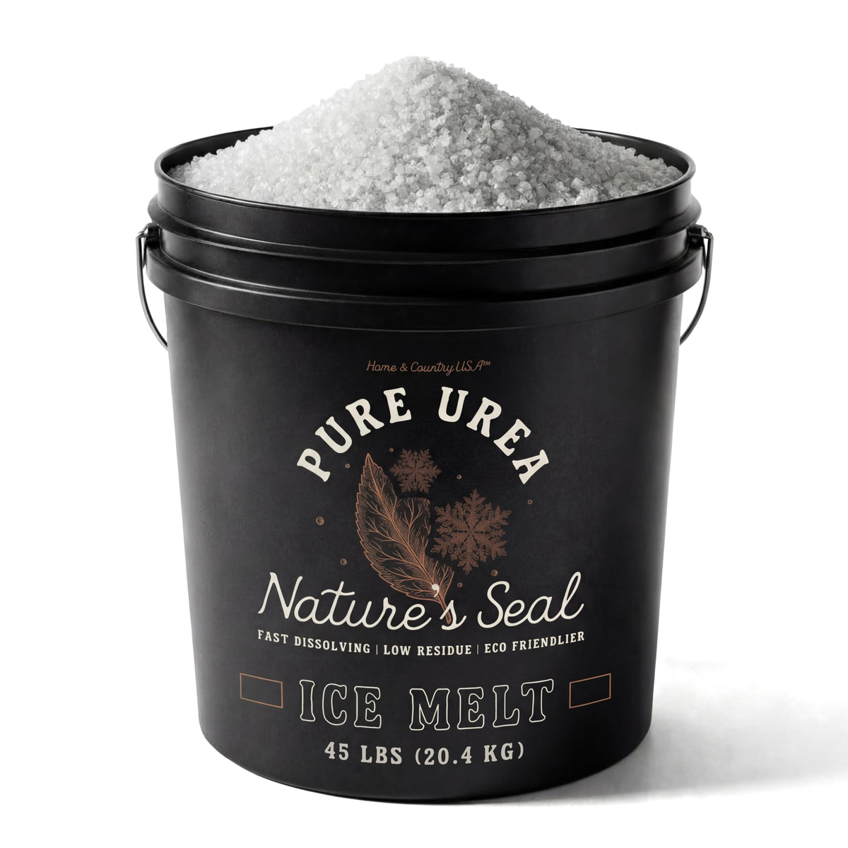 Nature's Seal Pure Urea Ice Melt 45 lb black bucket heaped with white pellets.