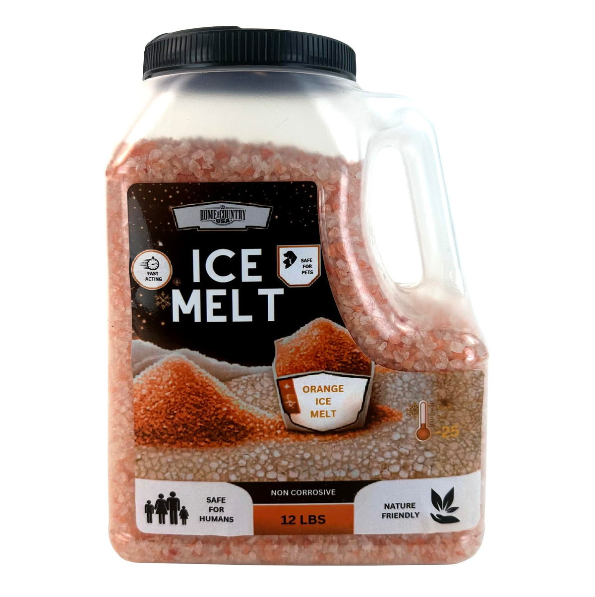 Home and Country USA Ice Melt 12 lb shaker jug of orange granules.