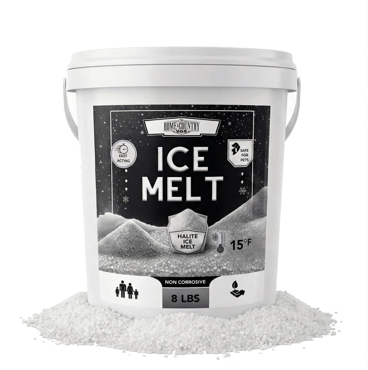 Halite Crystals Ice Melt 8 to 45 lb resealable pails, natural rock salt deicer