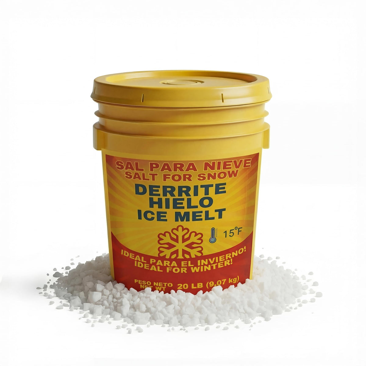 Sal para Nieve Salt for Snow 20 lb yellow pail.