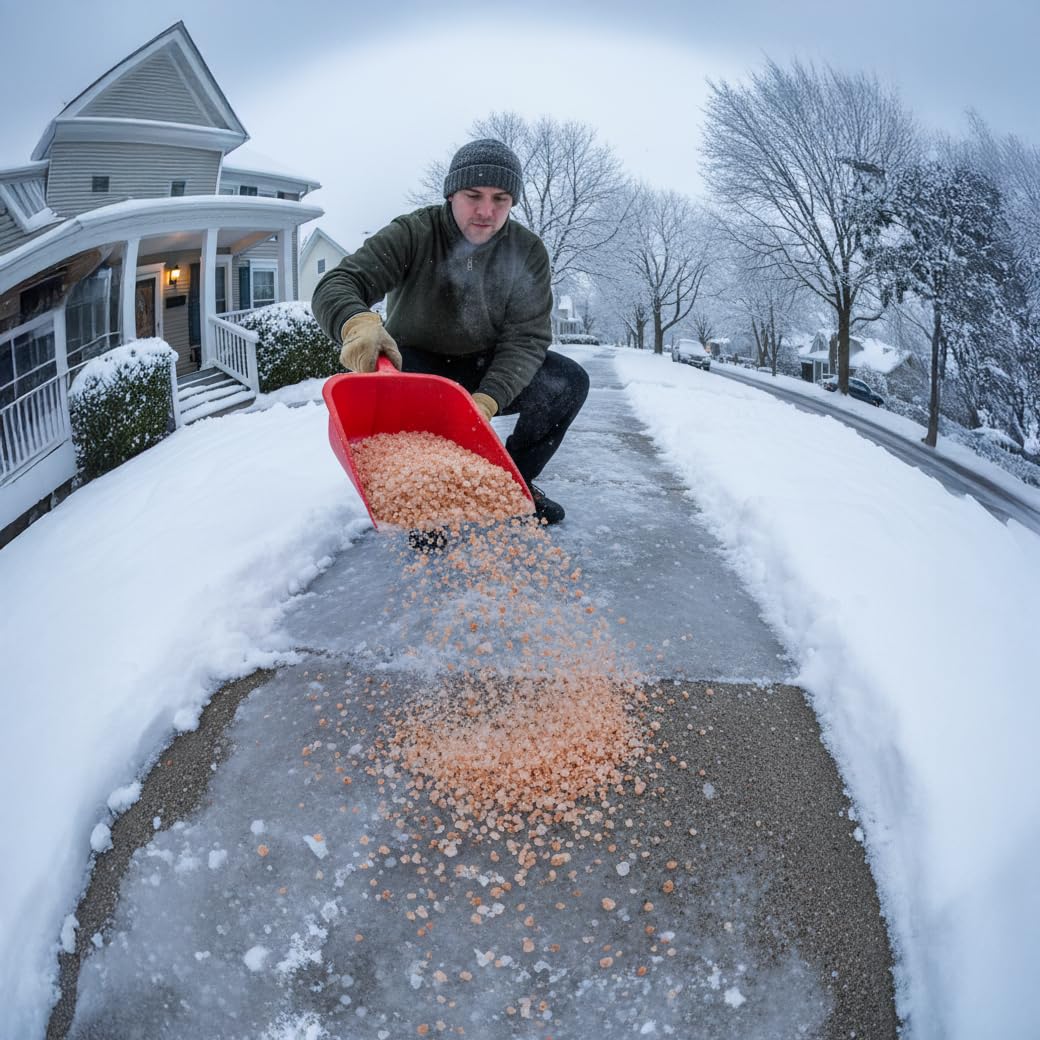 Man spreading orange ice melt from a red scoop on a snowy front walk.