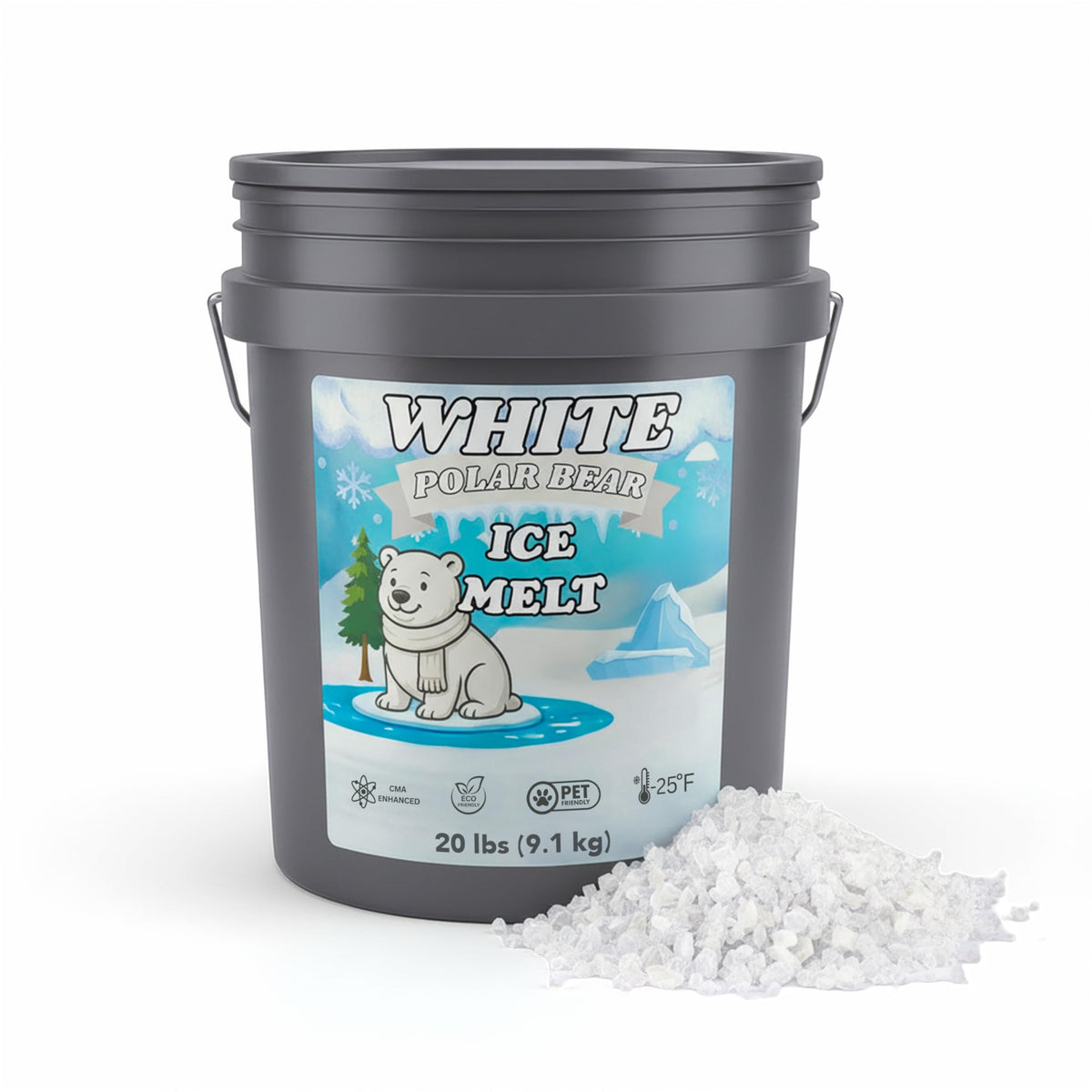 White Polar Bear CMA Pet-Friendly Ice Melt 8 to 45 lb pails, white granules rated to -20°F, view 7
