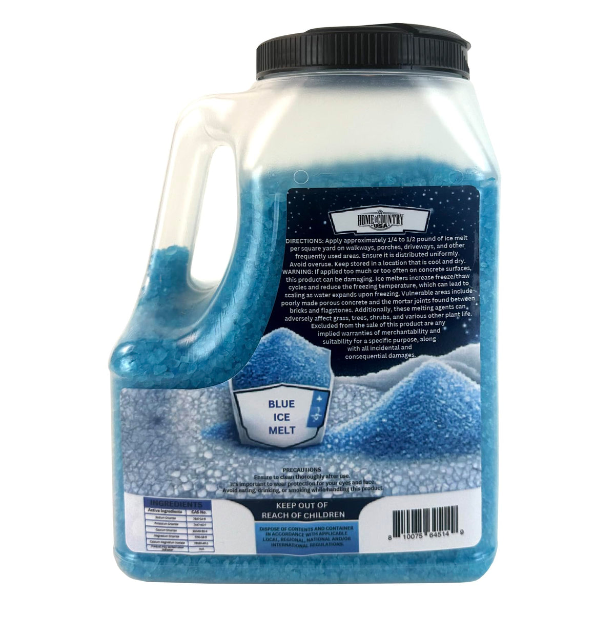 Back of the blue ice melt shaker jug with directions and a barcode.