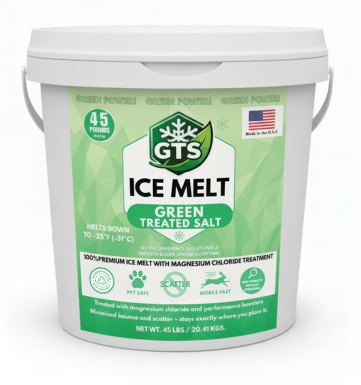 GTS Ice Melt Green Treated Salt 45 lb pail, printed melts down to -25°F, made in the USA.
