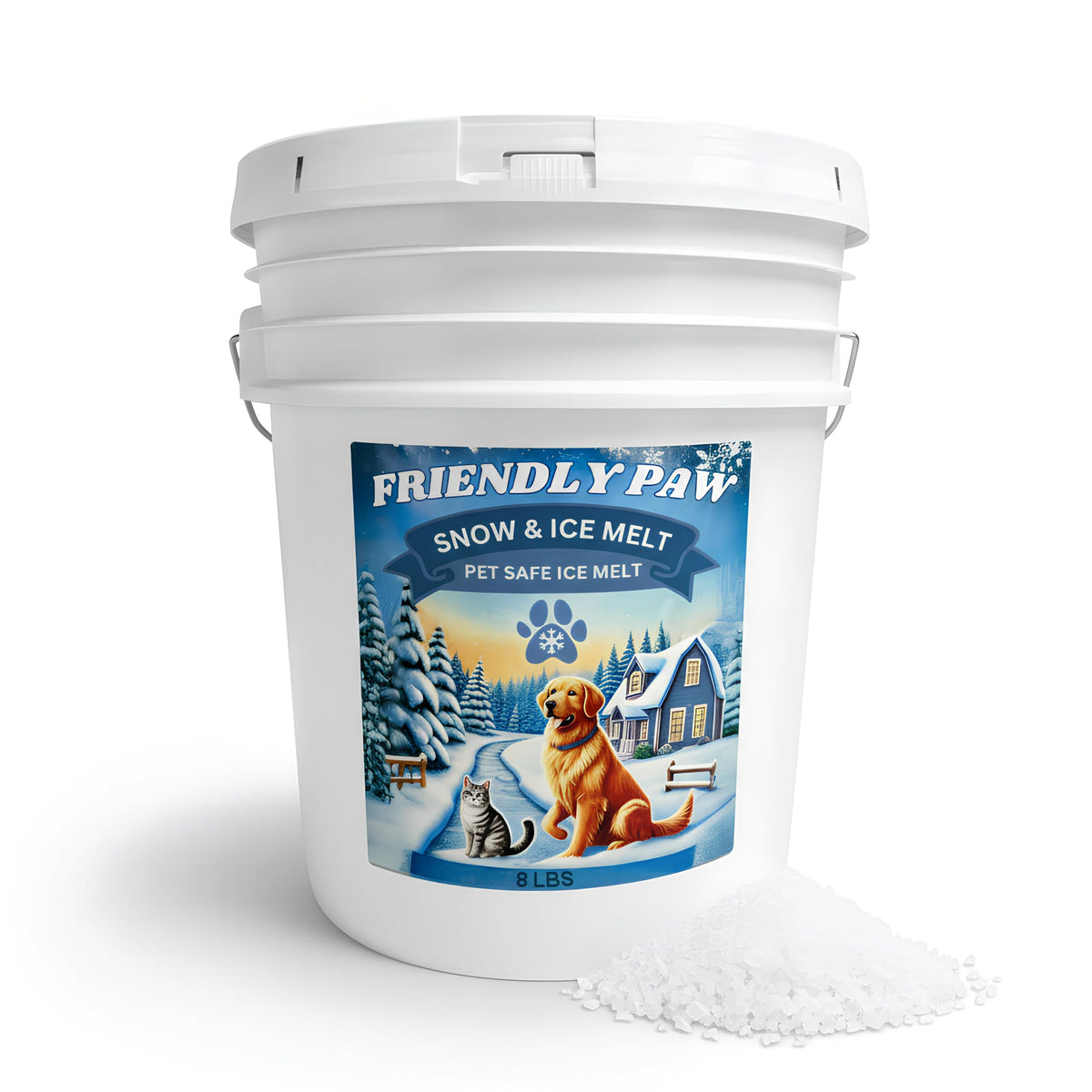 Friendly Paw Snow and Ice Melt 8 lb pail with a dog and cat on the label.