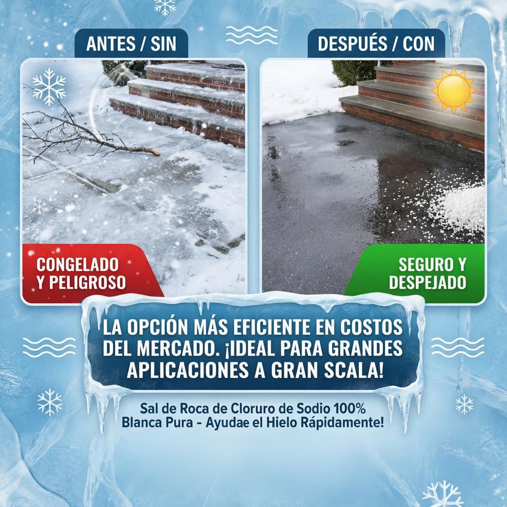 Before and after graphic of icy steps, Spanish text sal de roca de cloruro de sodio.