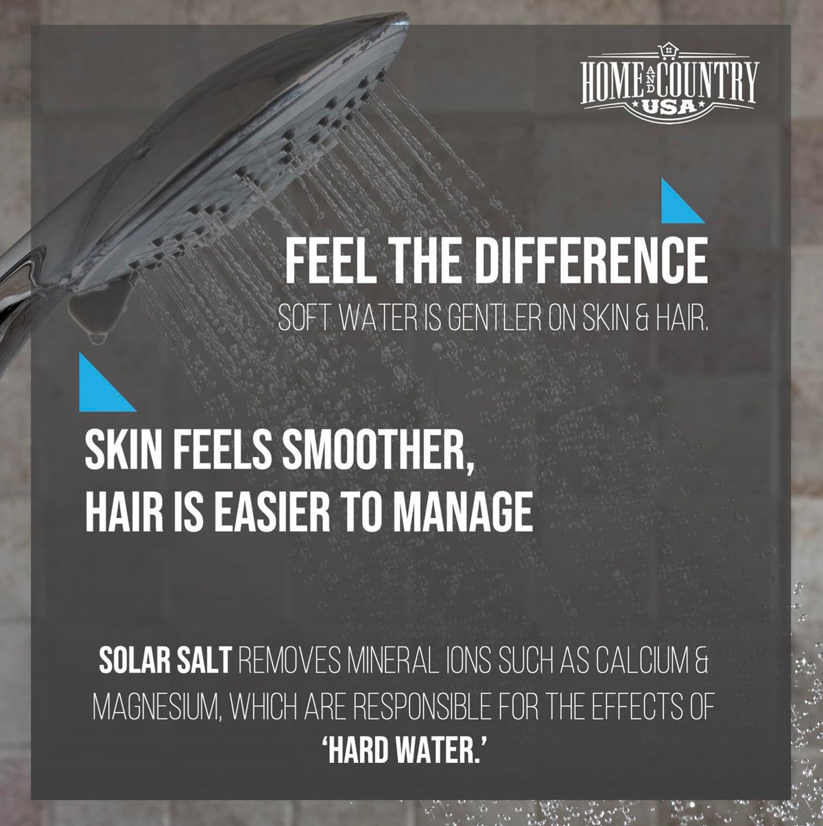 Shower head graphic, text feel the difference, soft water is gentler on skin and hair.