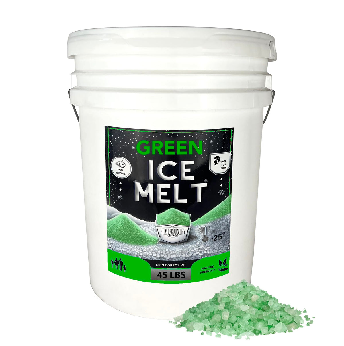 Home and Country USA Green Ice Melt 45 lb pail with green granules.