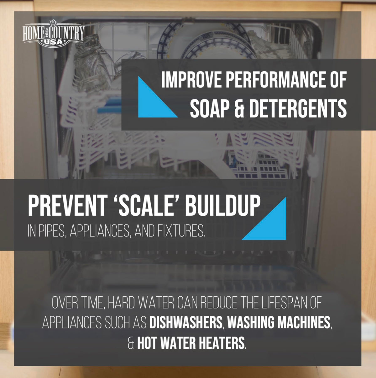 Open dishwasher, text prevent scale buildup in pipes, appliances and fixtures.