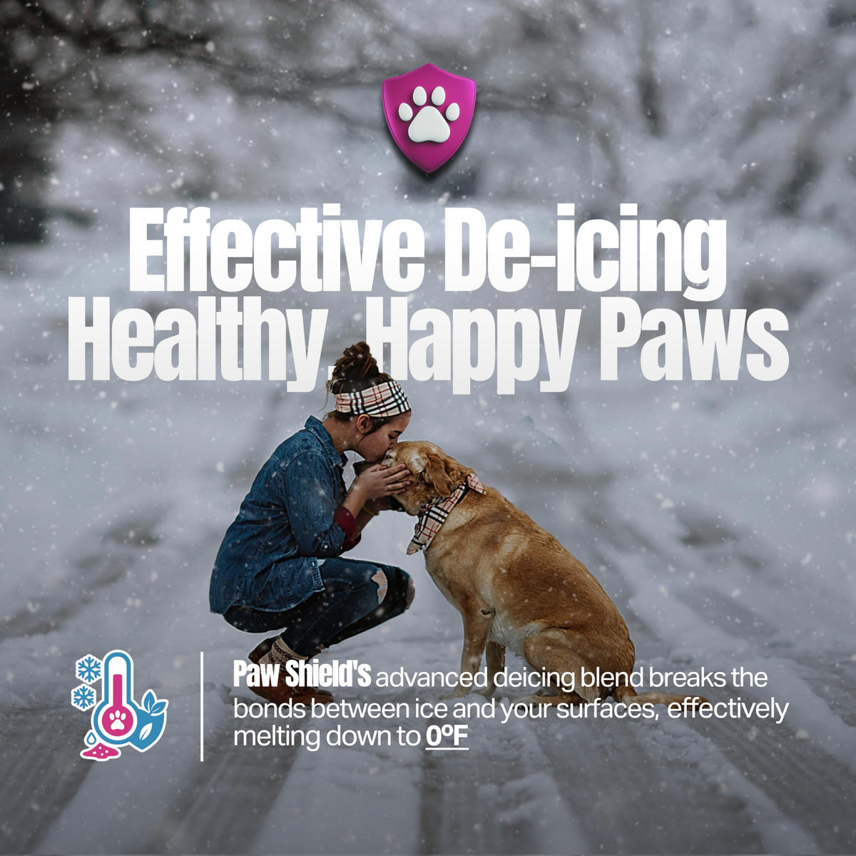 Woman kissing a dog in the snow, text Paw Shield melts down to 0°F.