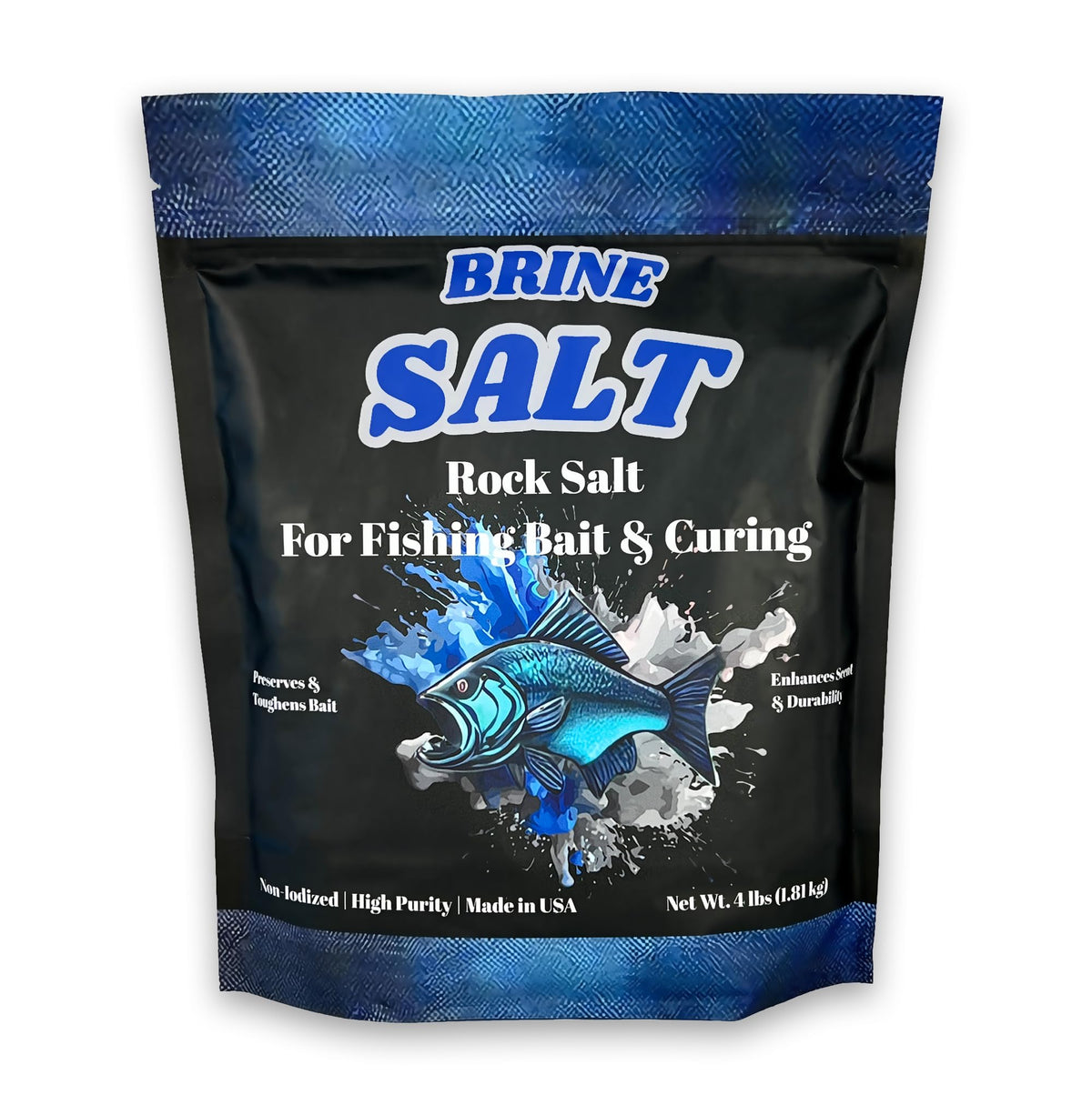 Brine Salt Rock Salt for Fishing Bait and Curing 4 lb pouch with a fish on the front.