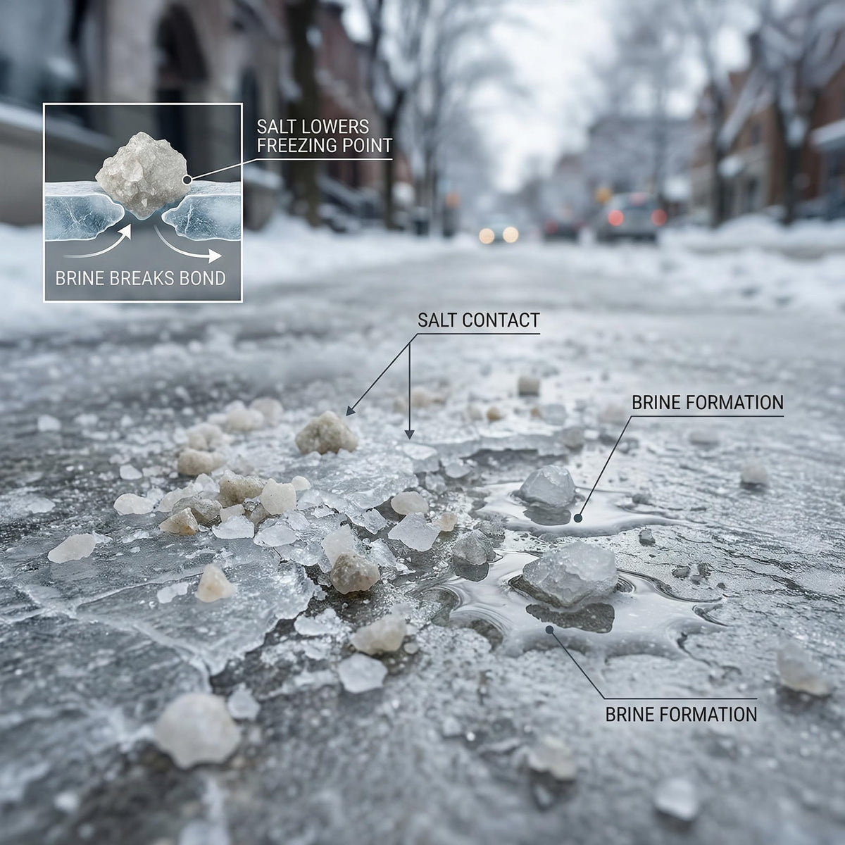 Close-up of rock salt on ice showing brine forming and the salt lowering the freezing point.