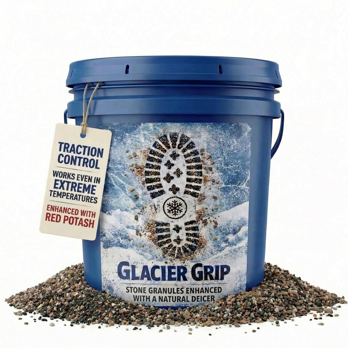 Glacier Grip pail of stone granules enhanced with a natural deicer, with a traction control tag.
