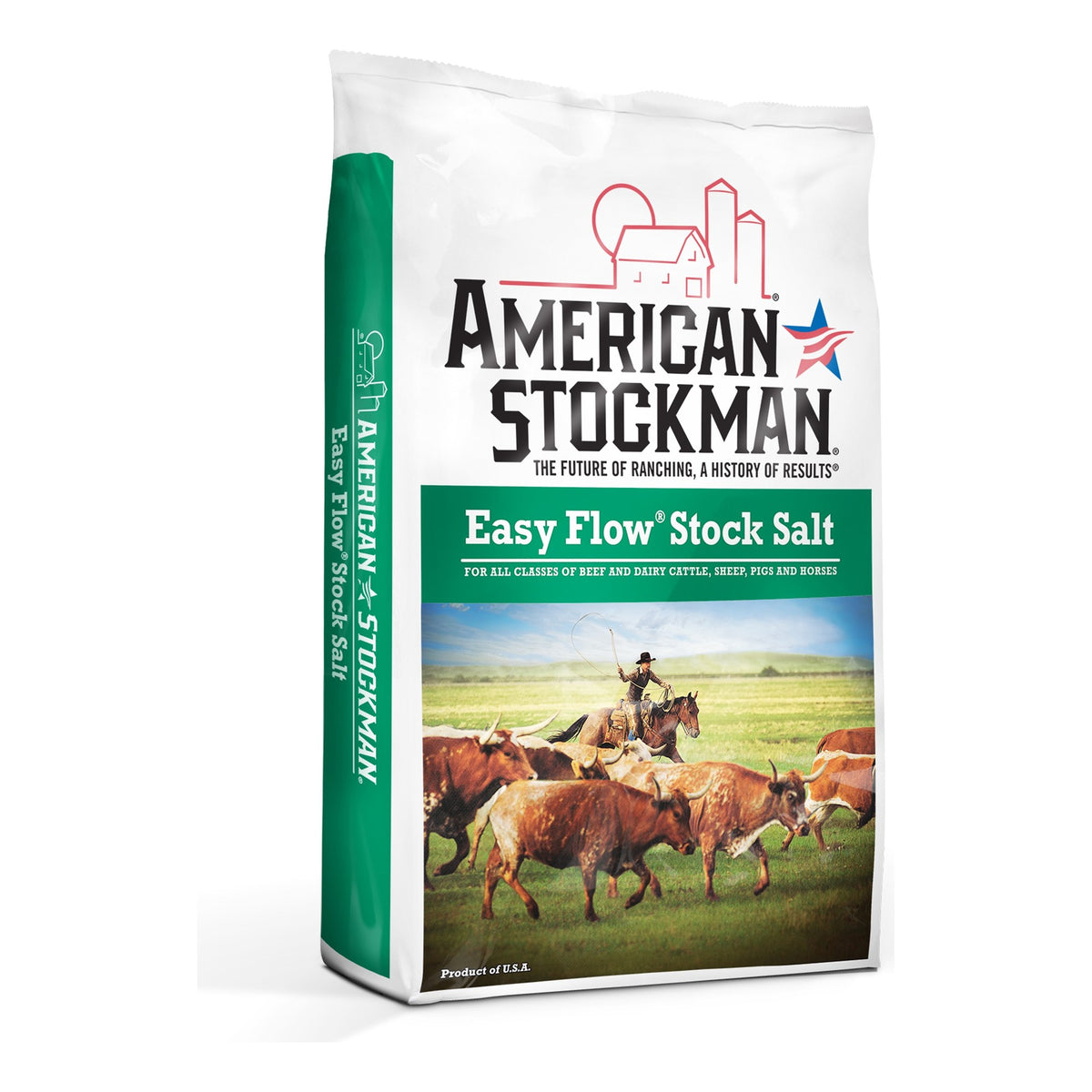 American Stockman Easy Flow Stock Salt 50 lb bag printed for all classes of beef and dairy cattle, sheep, pigs and horses.