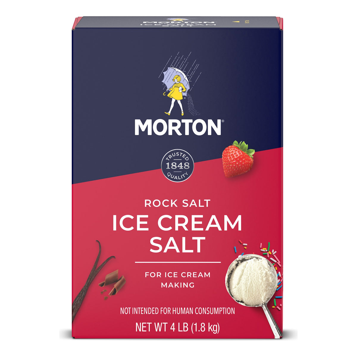 Morton Rock Salt Ice Cream Salt 4 lb box, navy and red, printed for ice cream making.