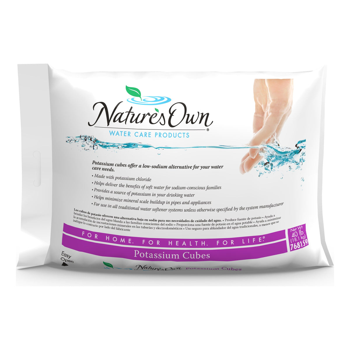 Nature's Own Potassium Cubes 40 lb bag, white pack with a purple band printed For Home. For Health. For Life.