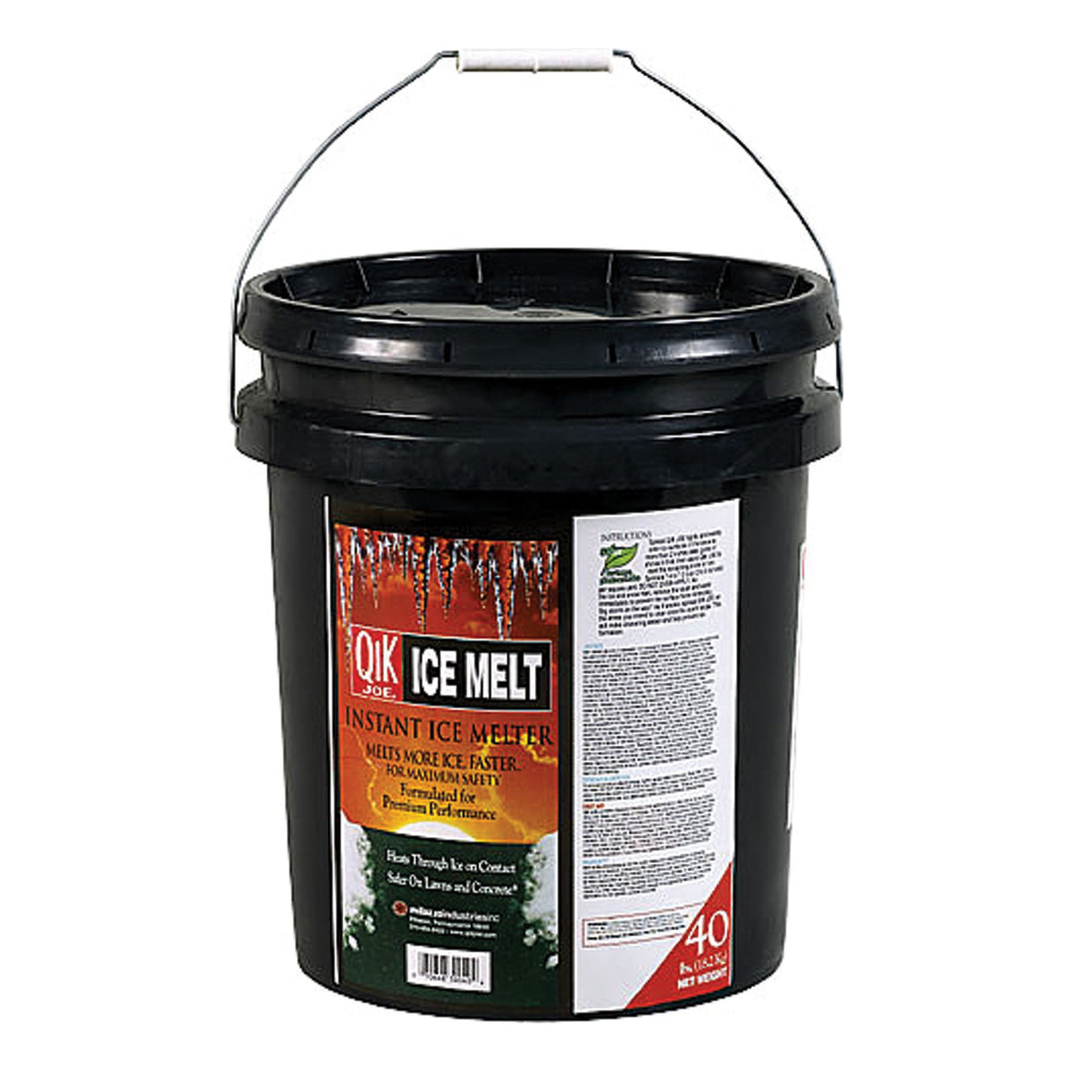 Qik Joe Ice Melt calcium chloride pellets 40 lb pail with a metal handle, instant ice melter.