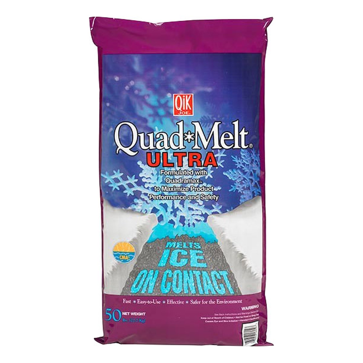 Qik Joe Quad Melt Ultra ice melt 50 lb bag, formulated with Quadramax and CMA, melts ice on contact.