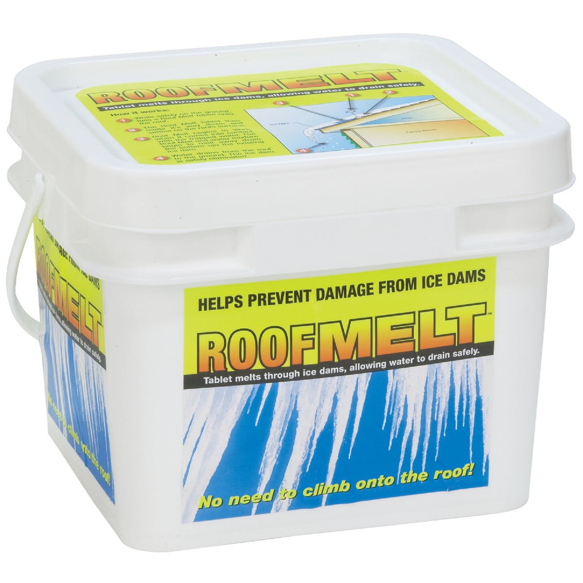 RoofMelt roof ice melt tablets 14 lb white pail, printed helps prevent damage from ice dams, no need to climb onto the roof.