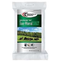 Champion's Choice Selenium 90 Trace Mineral Salt 50 lb bag with a cattle pasture photo.