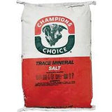 Champions Choice Trace Mineral Salt 50 lb bag in an older red and white design with a bull logo.
