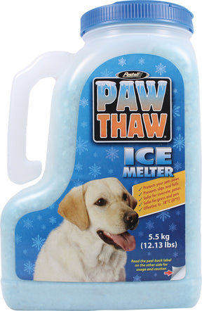 Pestell Paw Thaw Ice Melter 12 lb jug with a Labrador on the label, printed effective to -18°C (0°F).