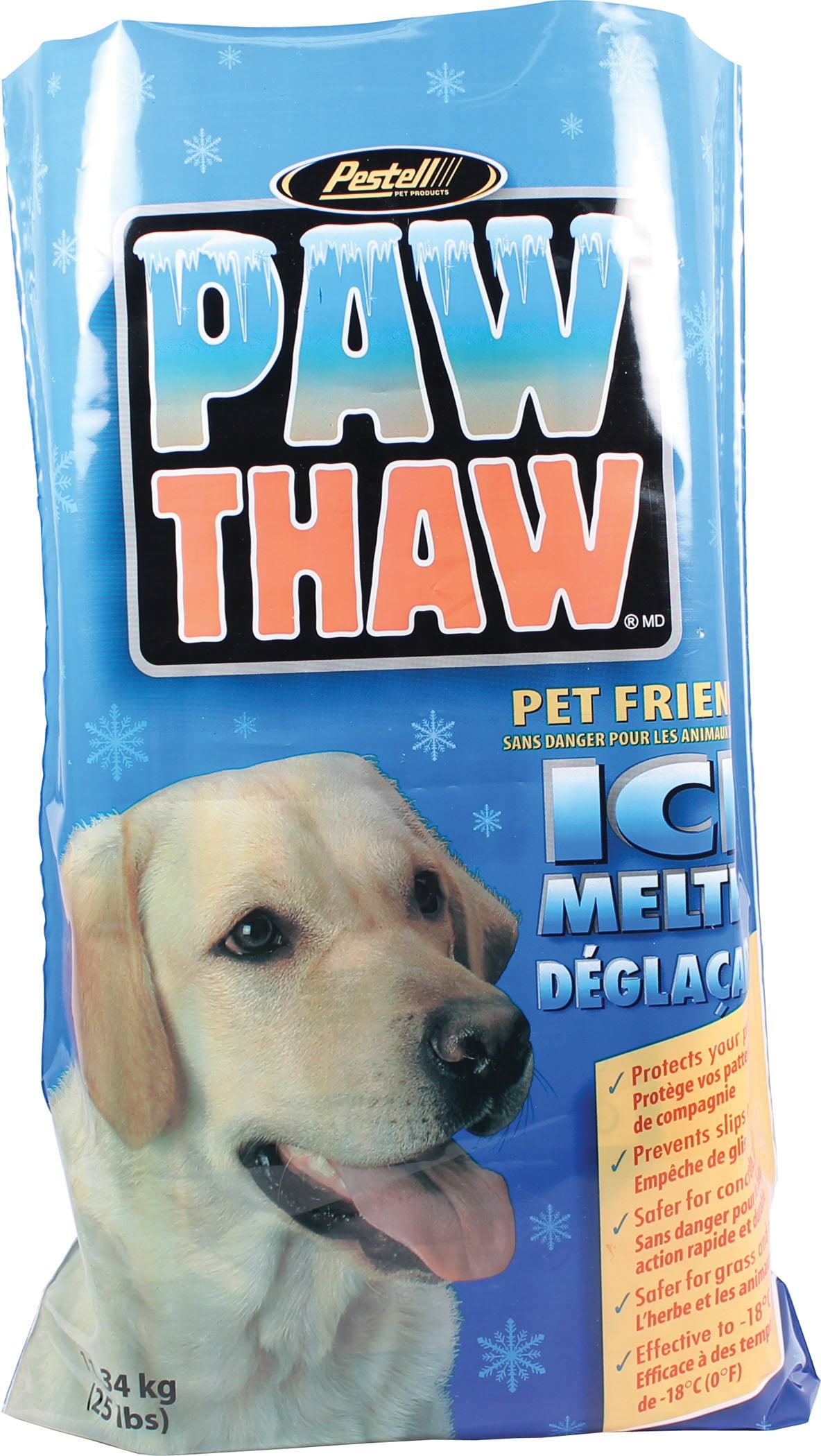 Pestell Paw Thaw Pet Friendly Ice Melt 25 lb bag with a Labrador on the front, printed effective to 0°F.