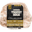 Redmond Trophy Rock all natural mineral supplement, a pink mineral rock with a tan label.