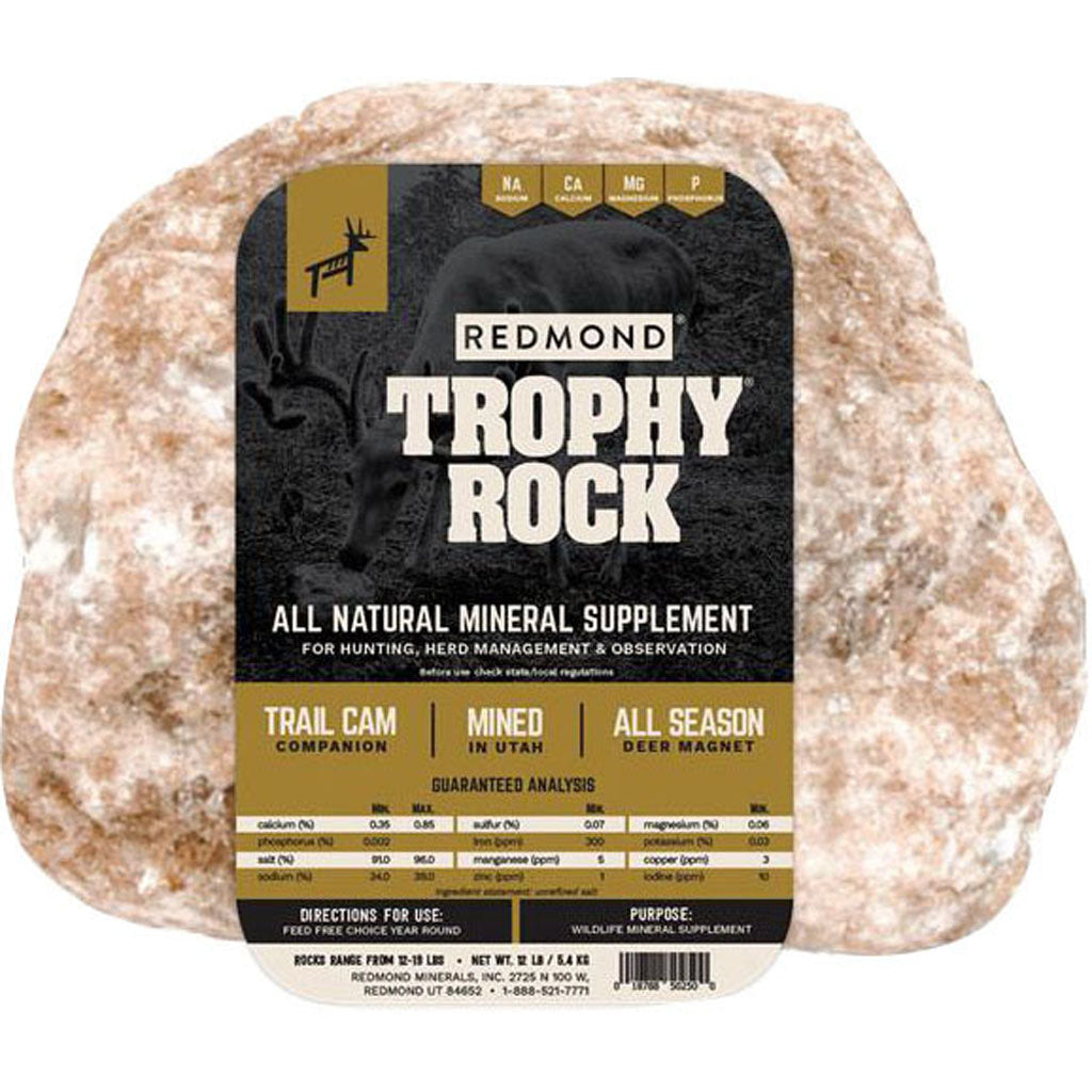 Redmond Trophy Rock all natural mineral supplement, a pink mineral rock with a tan label.