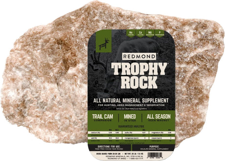 Redmond Trophy Rock all natural mineral supplement, a large pink rock with a green label.