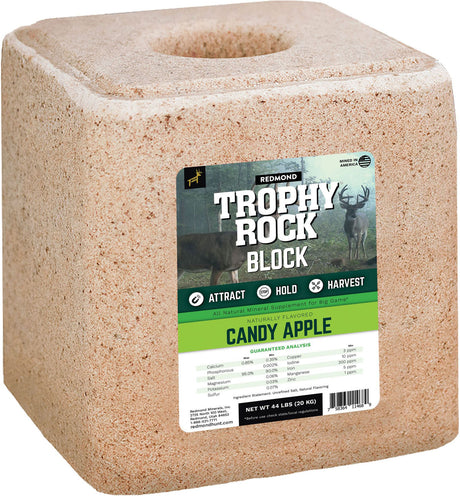 Redmond Trophy Rock Block Candy Apple 44 lb, tan block with a center hole, printed attract, hold, harvest.