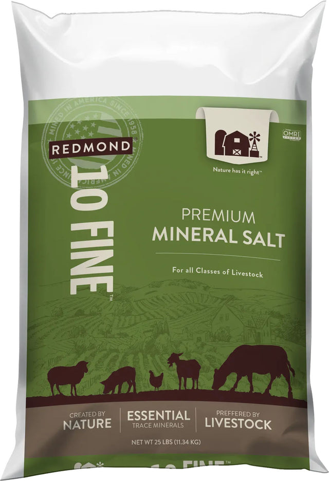 Redmond 10 Fine Premium Mineral Salt bag for all classes of livestock, green pack.