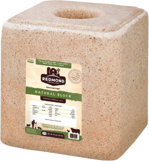 Redmond Natural Block premium mineral salt block, tan block with a center hole and a green label.